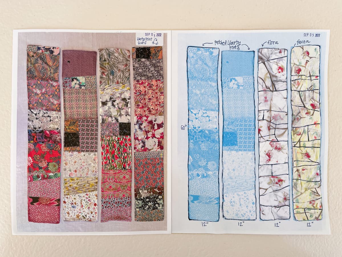recycled liberty print scarf drawings and specs